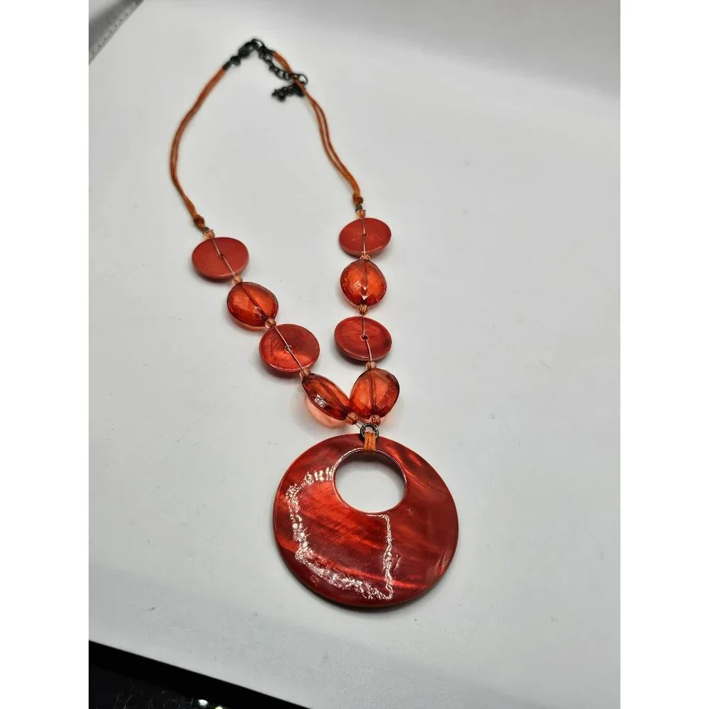 Handmade Red Shell &‎ Crystal Beaded Necklace With Large Pendant